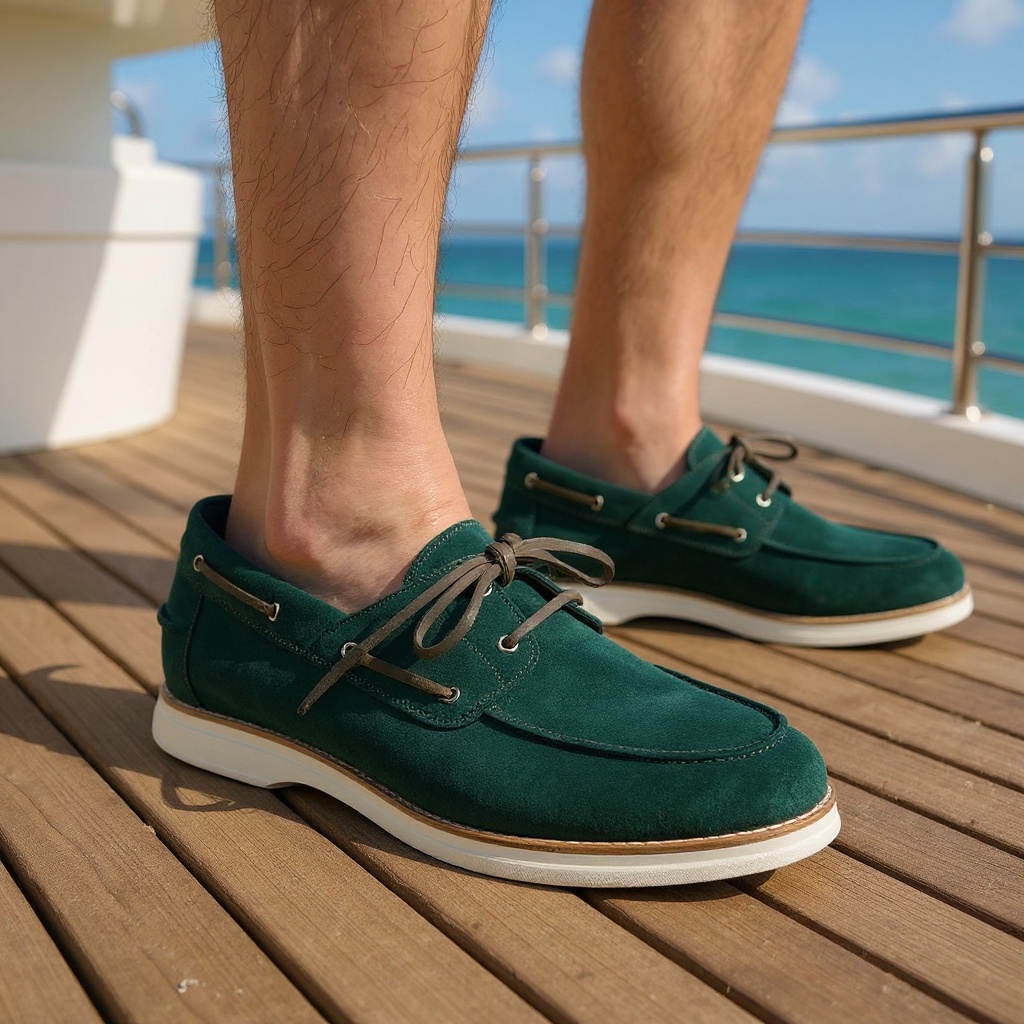 Hombre elegante con náuticos verdes CALCE en un muelle, reflejando un estilo de vida náutico y sofisticado.