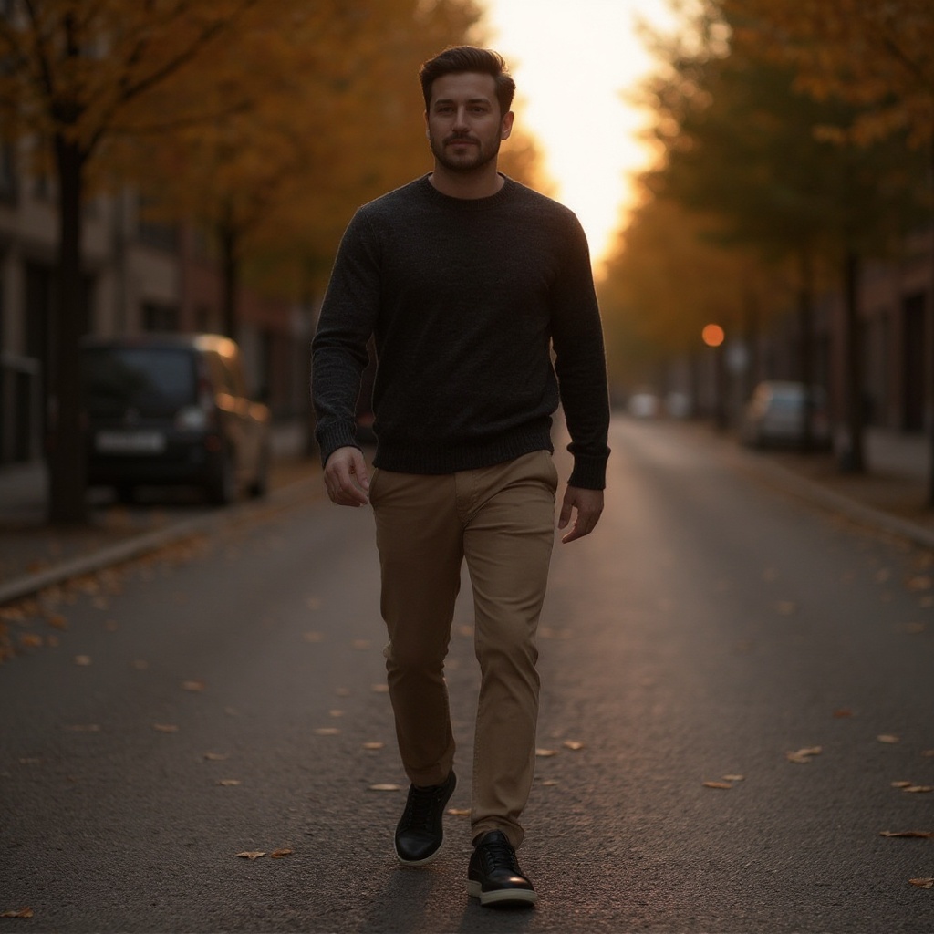 Un hombre vestido con un estilo casual elegante, con chinos y un jersey, caminando por una calle adoquinada al atardecer, luciendo las zapatillas CALCE deportivas color cacao.