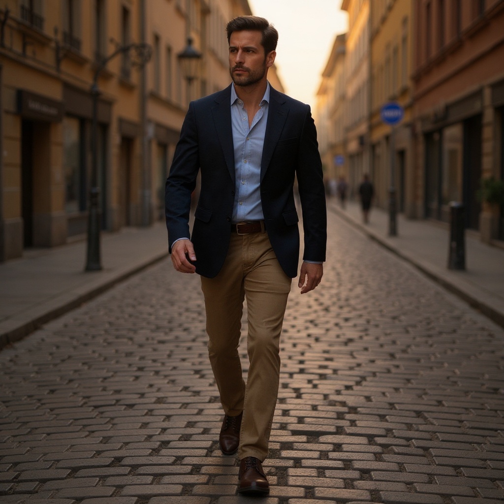 Hombre con botines CALCE de cuero color cuero combinados con pantalones chinos y camisa casual.