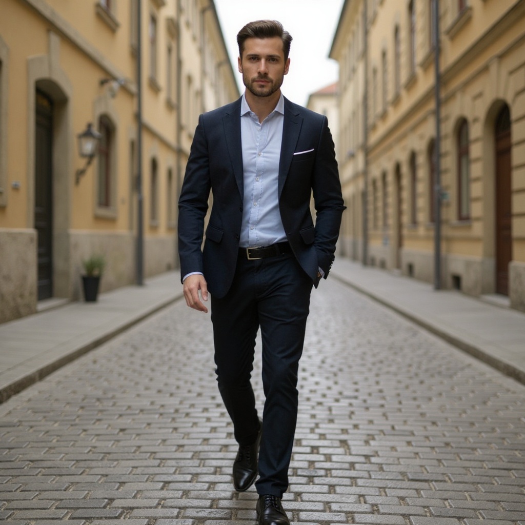 Hombre elegante vistiendo PREMIATA blucher negro en un entorno urbano histórico, combinando un estilo casual sofisticado.
