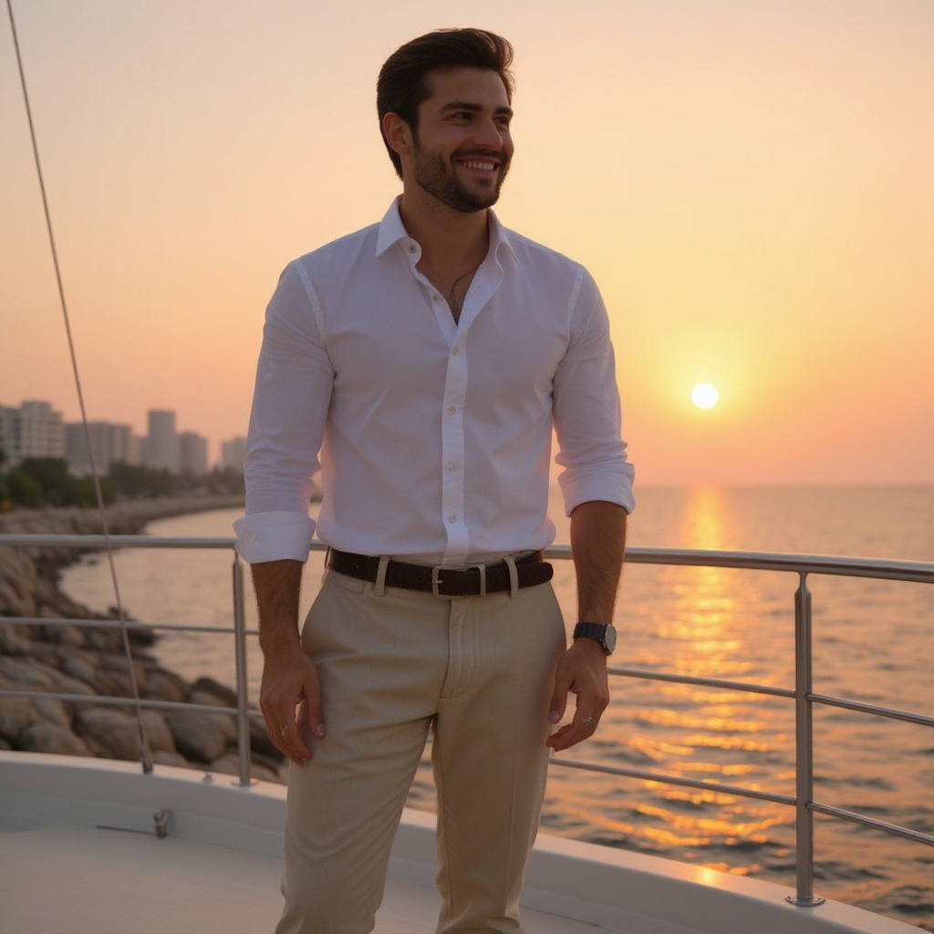 Hombre elegante con náuticos VOILE BLANCHE azules en la cubierta de un velero al atardecer, con pantalones claros y camisa de lino.