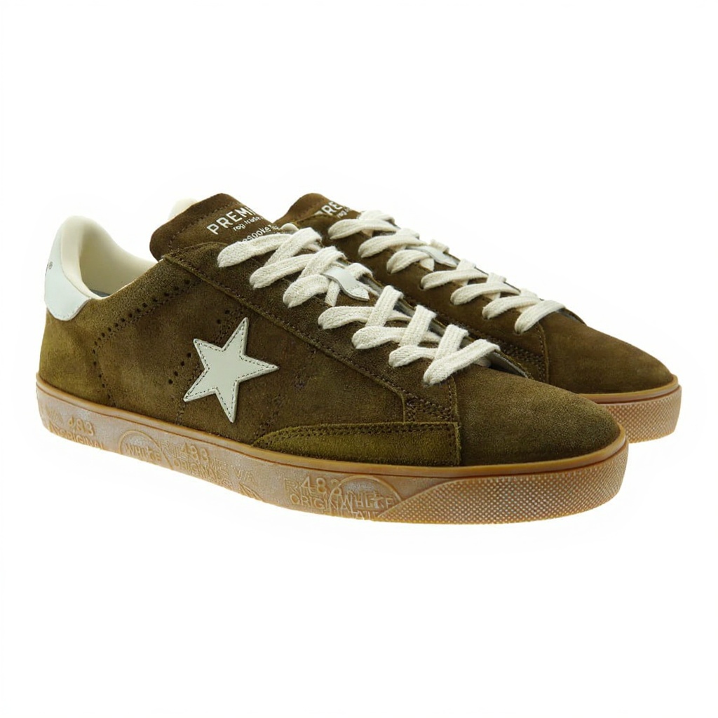 Primer plano de las zapatillas PREMIATA deportivas arena, mostrando la textura de la piel, el ante y el tejido técnico, y los detalles de la suela.
