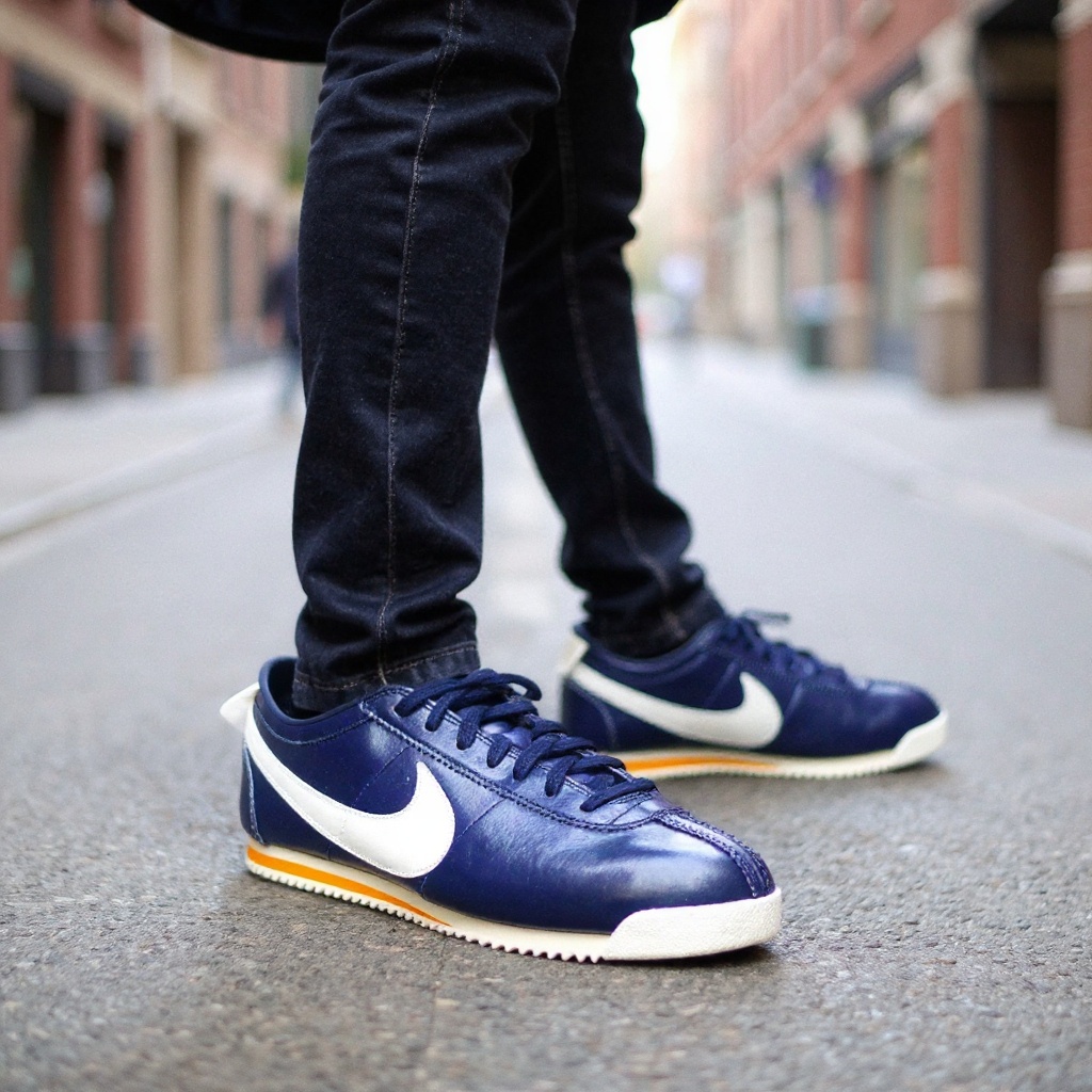 Hombre caminando por la ciudad con zapatillas deportivas NIKE azules, combinadas con pantalones chinos oscuros y una chaqueta casual.