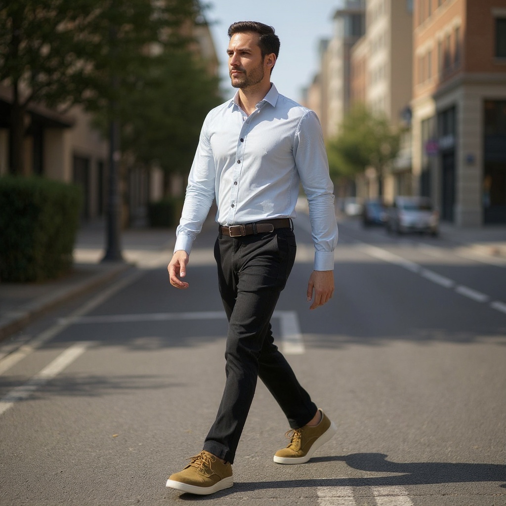 Hombre con zapatillas deportivas CALCE tabacco en un entorno urbano, combinando comodidad y estilo con un atuendo casual elegante.