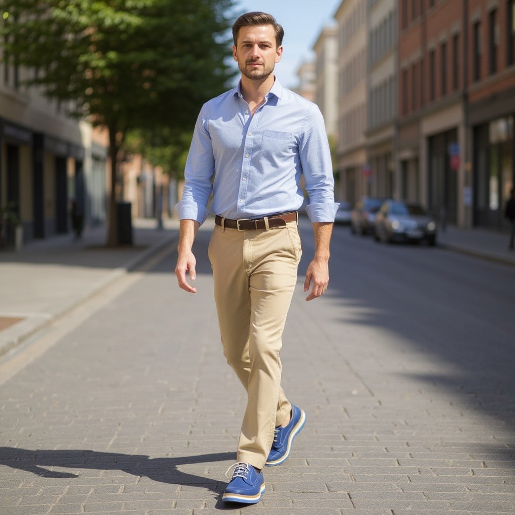Hombre con estilo luciendo zapatos CALCE blucher azul con chinos beige en un ambiente urbano.