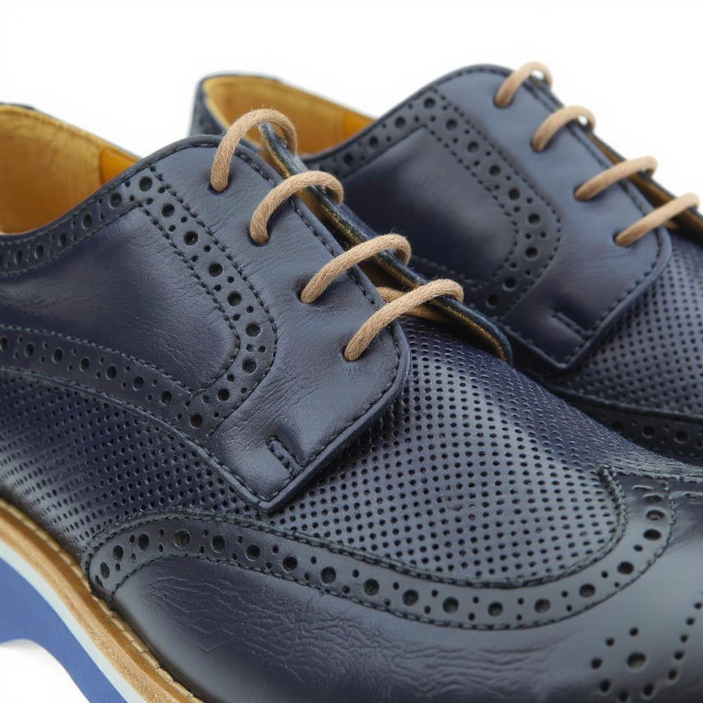 Primer plano de los zapatos CALCE blucher azul, destacando la textura de la piel, el material BLOK y los detalles trenzados.