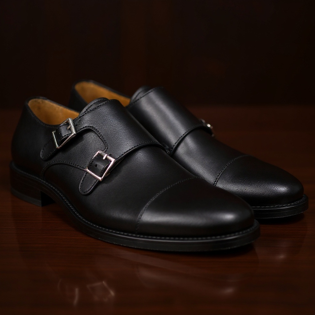 Primer plano de los zapatos PERTINI 2 hebillas negros, mostrando la piel de napa suave, las hebillas metálicas y la suela de goma, resaltando su construcción.