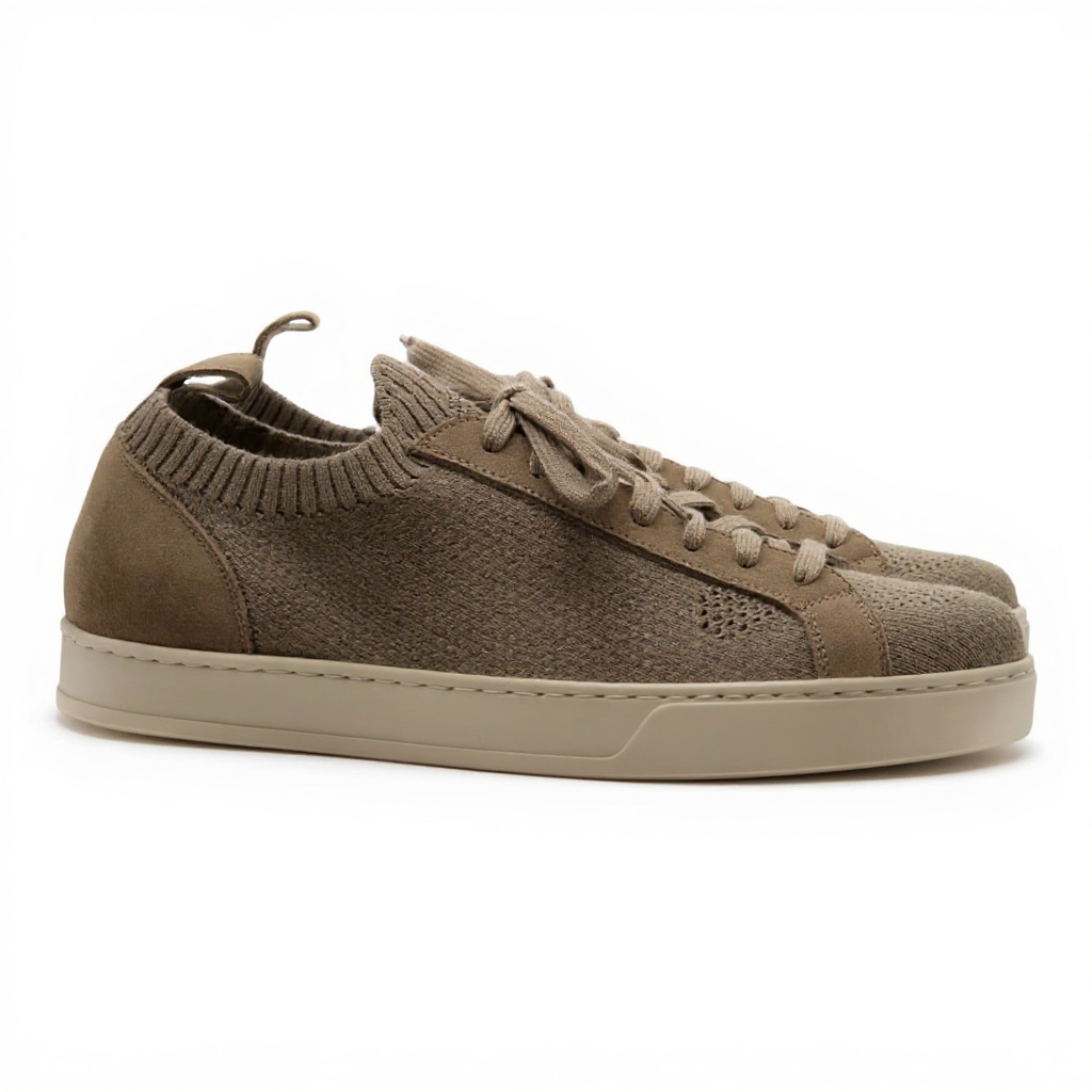 Primer plano de la deportiva CALCE taupe mostrando los materiales BLOK, piel y nubuck con costuras detalladas y suela ergonómica.