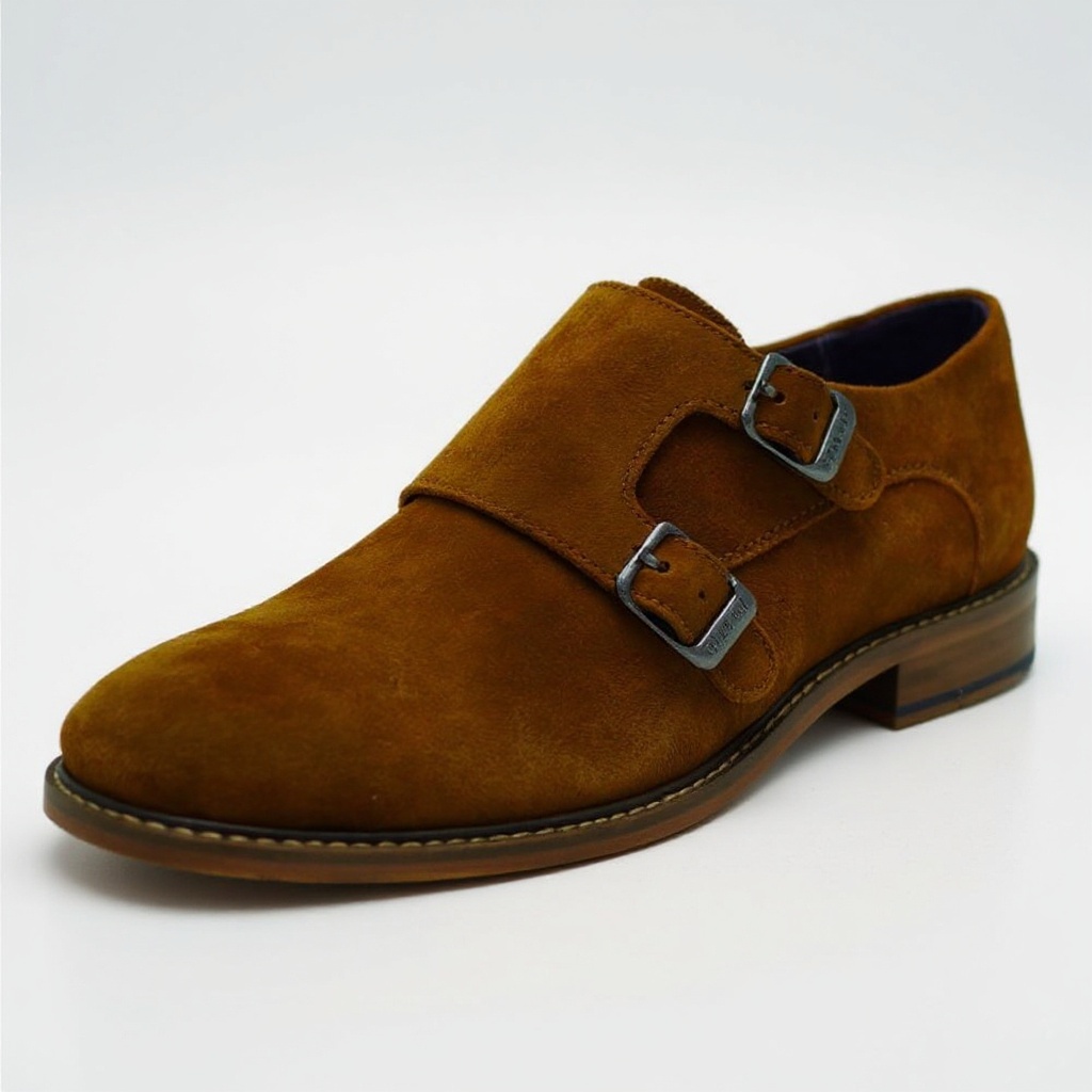 Primer plano detallado del zapato TED BAKER doble hebilla de cuero, mostrando las costuras, hebillas y textura de la piel.