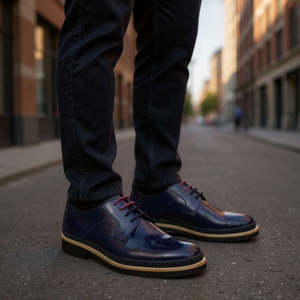 Hombre elegante con TED BAKER blucher azul en un entorno urbano, reflejando un estilo de vida sofisticado y moderno.