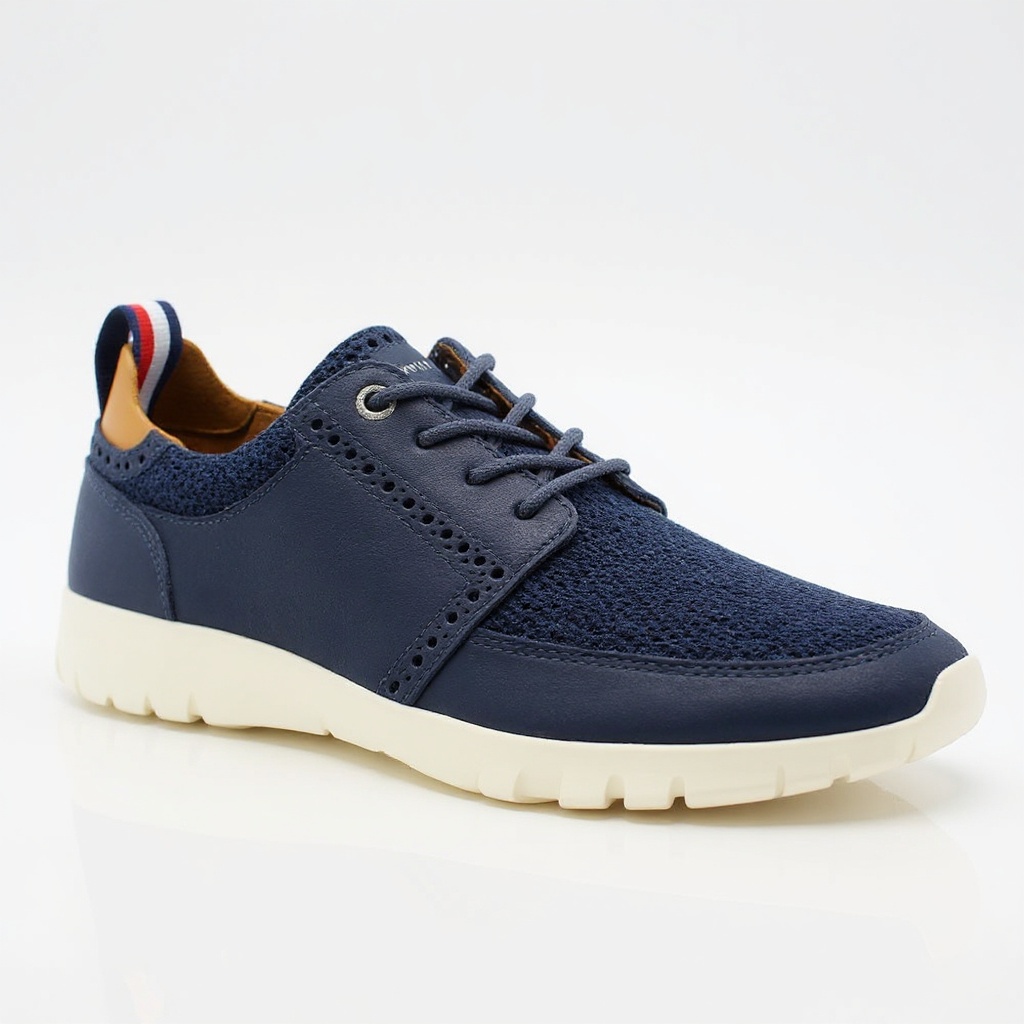 Detalle técnico de los materiales (piel, goma, tejido techno) y la construcción de las zapatillas deportivas Tommy Hilfiger azules.