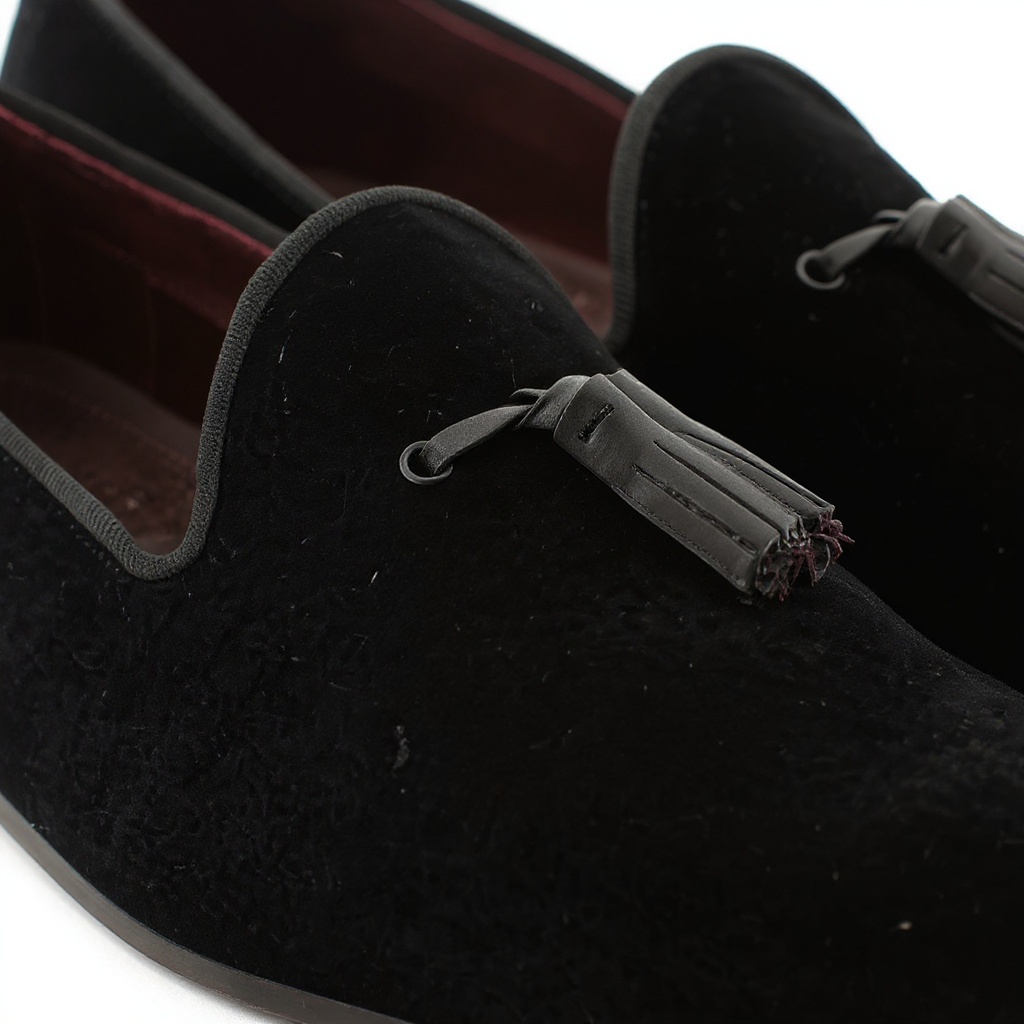 Primer plano de la zapatilla sliper TED BAKER negra, destacando la textura del terciopelo, los acabados en piel y la calidad de la suela.