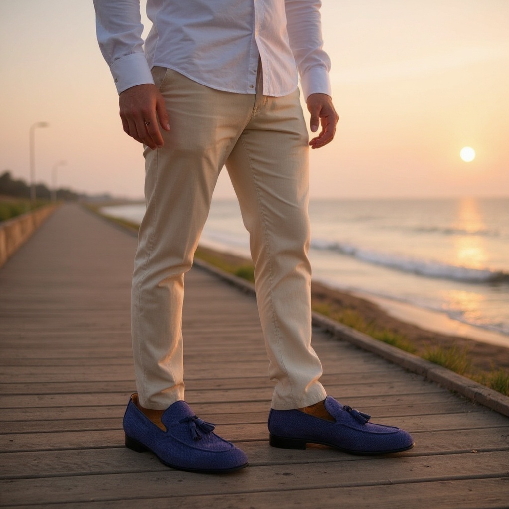 Hombre elegante con mocasines CALCE azules en un paseo marítimo al atardecer