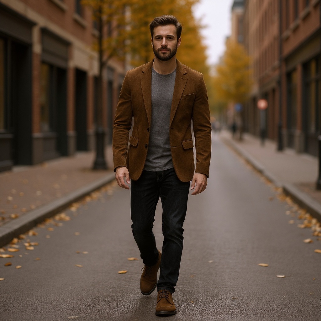 Hombre con botines CALCE de cuero color marrón, combinados con vaqueros oscuros y blazer, caminando en un entorno urbano.